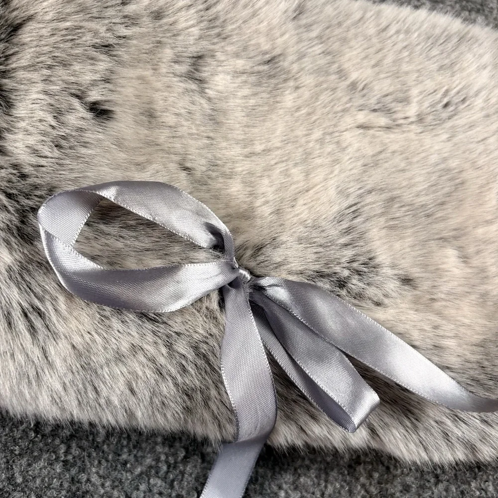Gray Faux Fur Wine Bottle Gift Bag Satin Ribbon Tie Holiday Bottle Cover Luxe